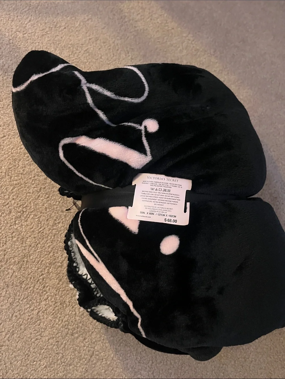 Victoria's Secret Black Plush Sherpa Throw with Pink Accents